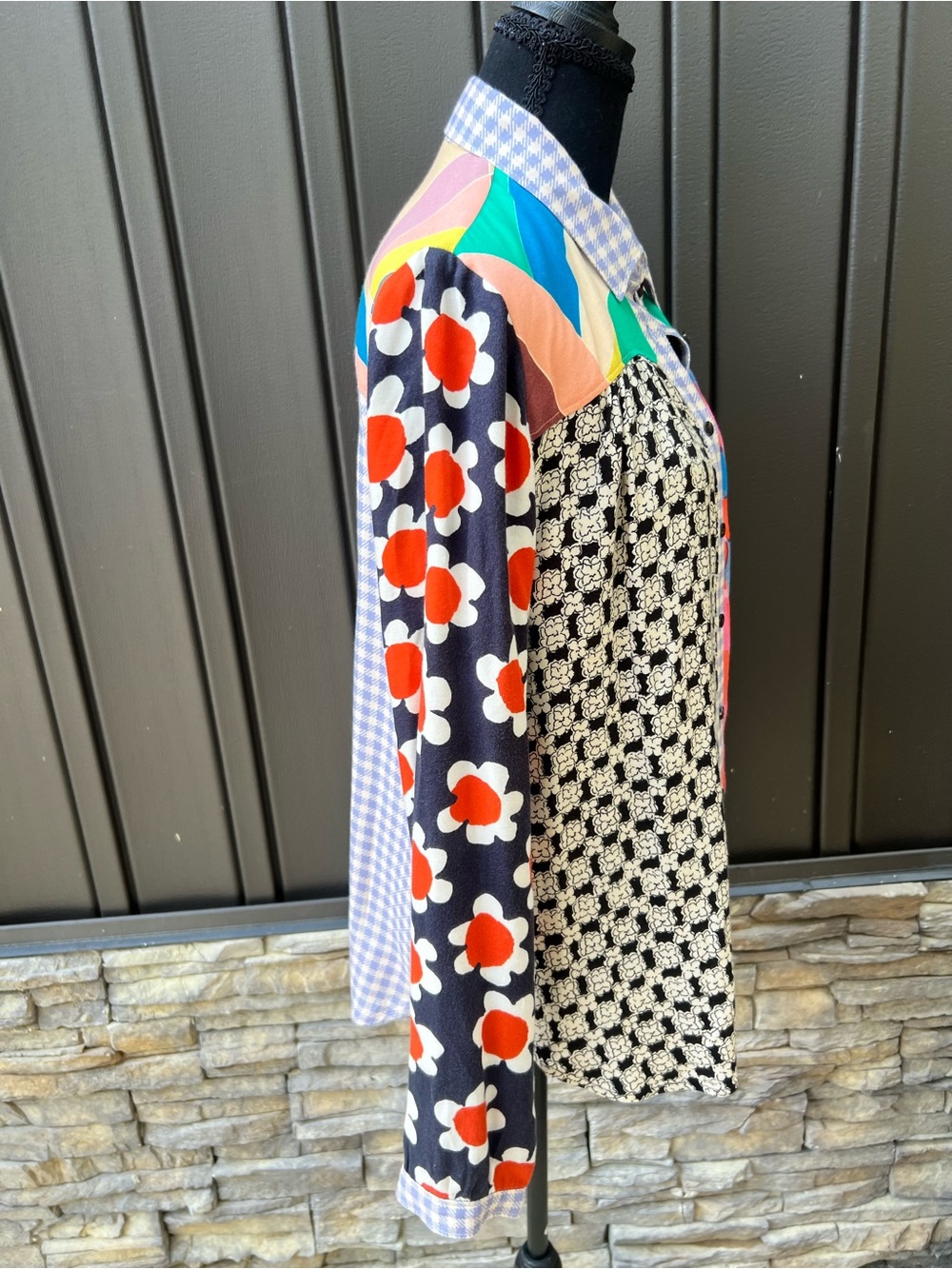 Anthropologie Colorblock Floral & Check Button-Up Blouse - Picture 5 of 7